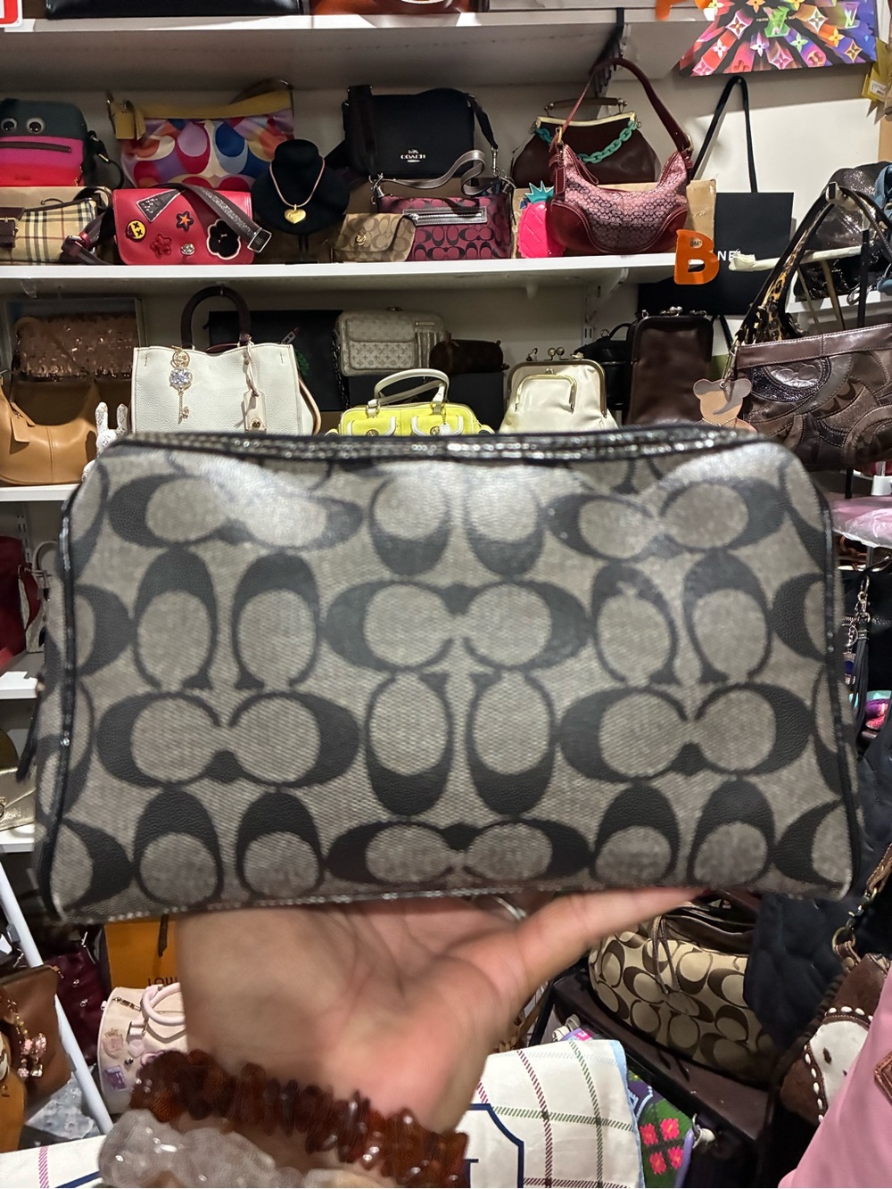 Coach Monogram Cosmetic Pouch in Gray and Black large
